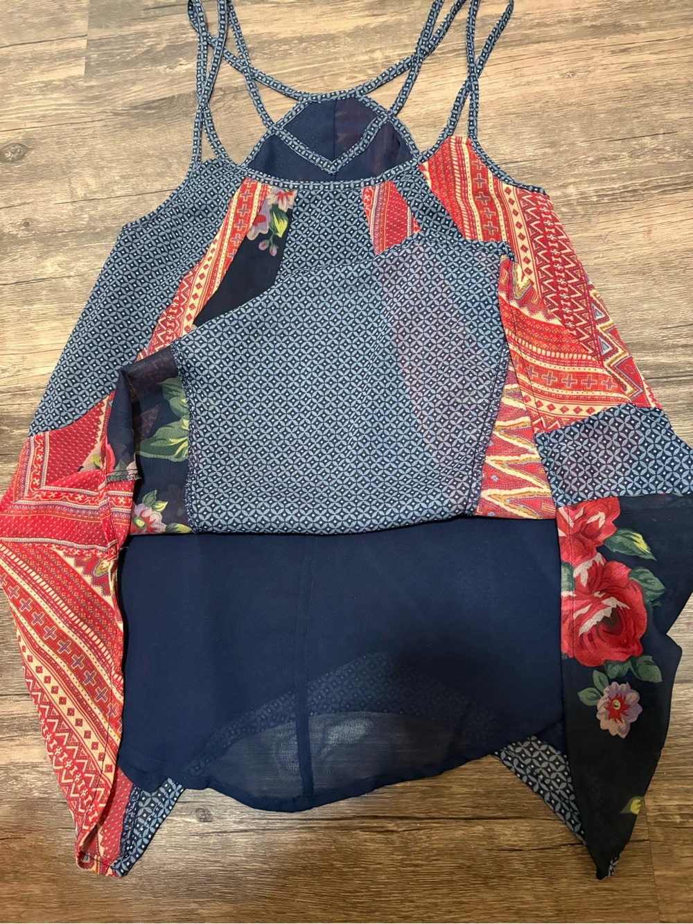 Vanilla Star Navy Blue Red Patterned Patchwork Tank Top - Picture 7 of 7